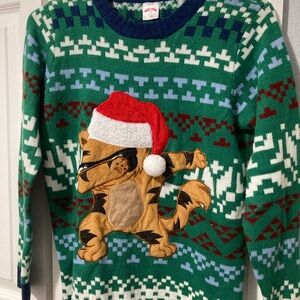 Festive Green Sweater with Dabbing Tiger Design, Unisex